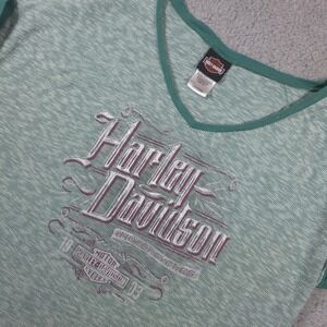Biker Built Harley Davidson Women's Green Striped Short Sleeve T-Shirt V Neck XL